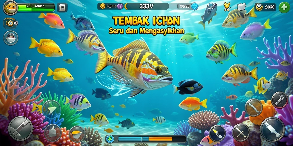 Tampilan gameplay 333V menampilkan aksi menembak ikan di lautan yang hidup.