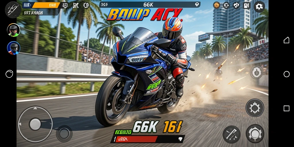 Screenshot menunjukkan aksi balap motor yang mendebarkan di 66K.