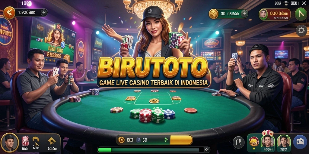 Screenshot gameplay BIRUTOTO yang menampilkan dealer langsung dan suasana kasino.