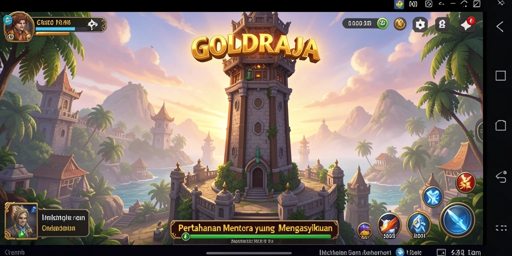 Tampilan gameplay GOLDRAJA dengan menara yang megah dan musuh yang mendekat.