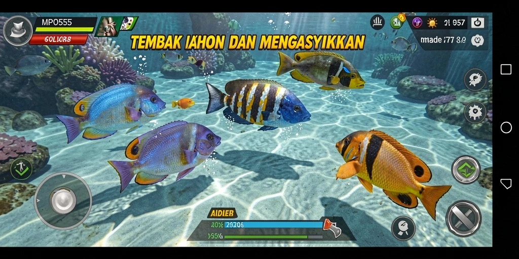 Tampilan gameplay MPO555 saat menembak ikan dengan senjata yang bervariasi.