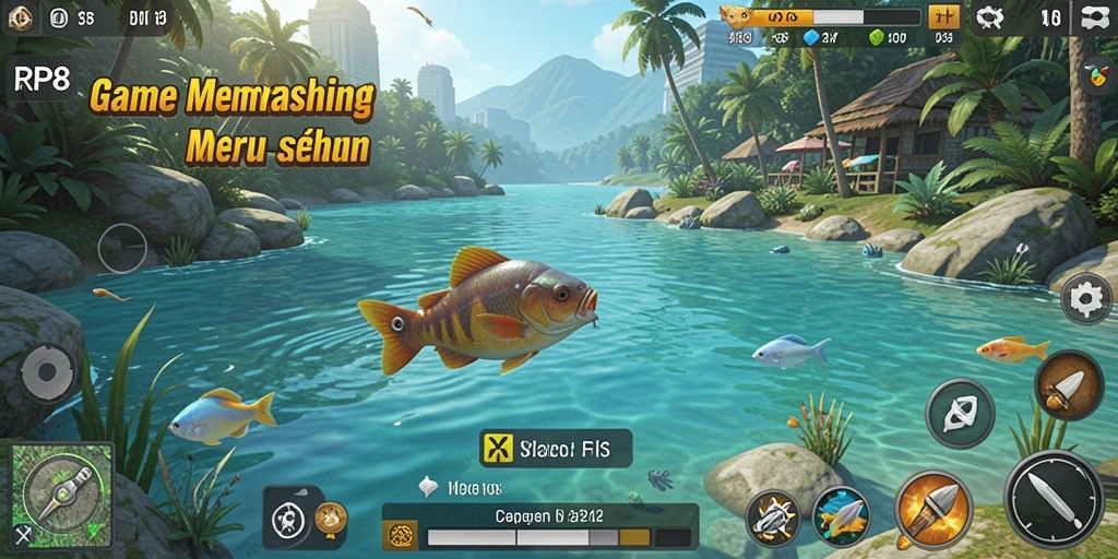 Screenshot gameplay RP8 menampilkan keseruan memancing dalam berbagai lokasi.
