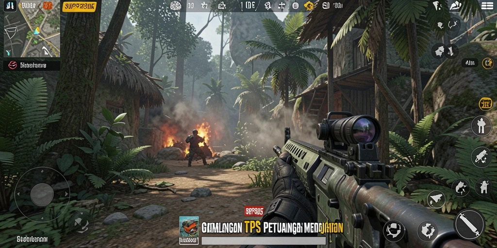 Screenshot SUPER805 menampilkan aksi pertempuran yang intens dalam gameplay TPS.